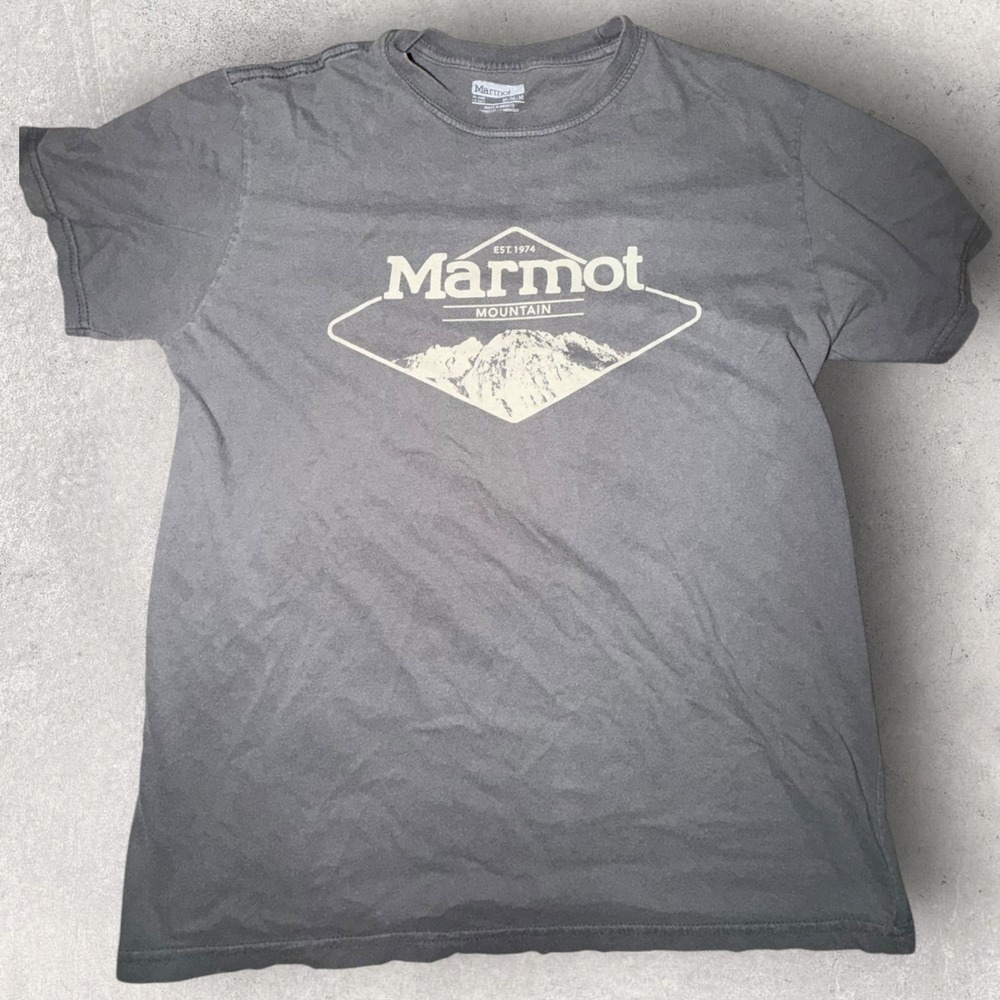Marmot Mountain Graphic T-Shirt Mens Medium Gray Organic Cotton Short Sleeve Tee